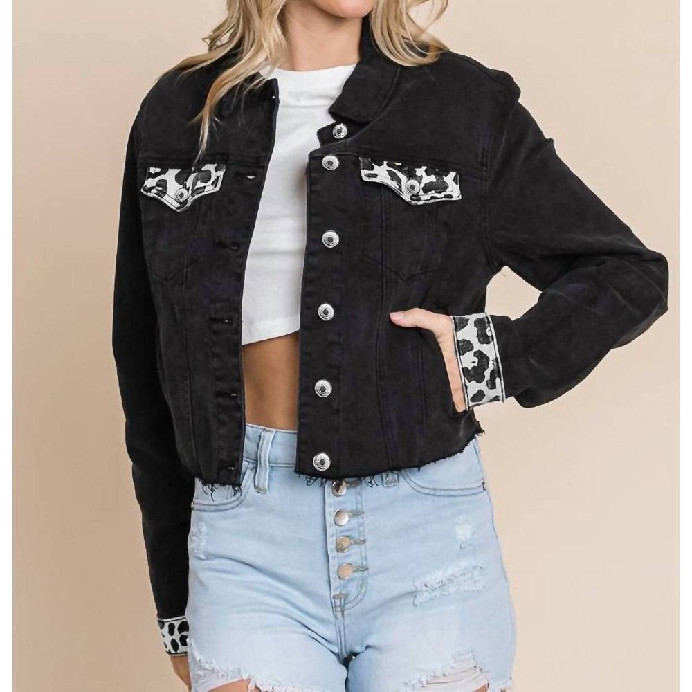 NEW PRETTY BASH denim paneled leopard print ripped jacket in black